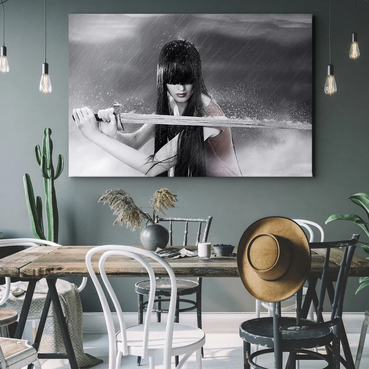 Obraz na plátně - Žena s mečem v dešti s dynamickým a tajemným vzhledem - 70x50cm - Krásná a nebezpečná - Moderní nástěnná dekorace do obývacího pokoje a ložnice ARTTOR