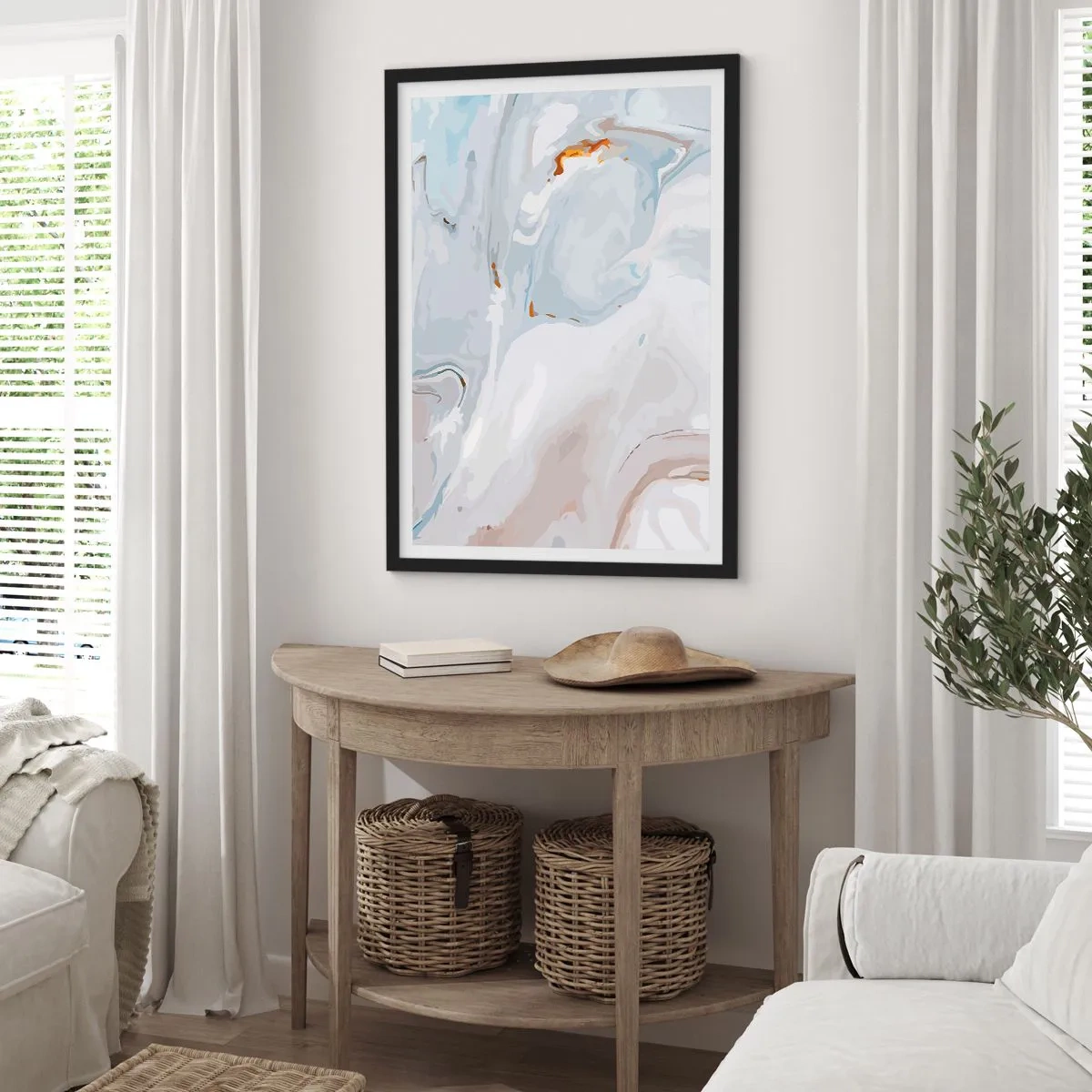 Plakát v černém rámu - Mramorový vzor v odstínech modré se zlatými akcenty - 50x70cm - Povznesená bílá - Moderní nástěnná dekorace do obývacího pokoje a ložnice ARTTOR