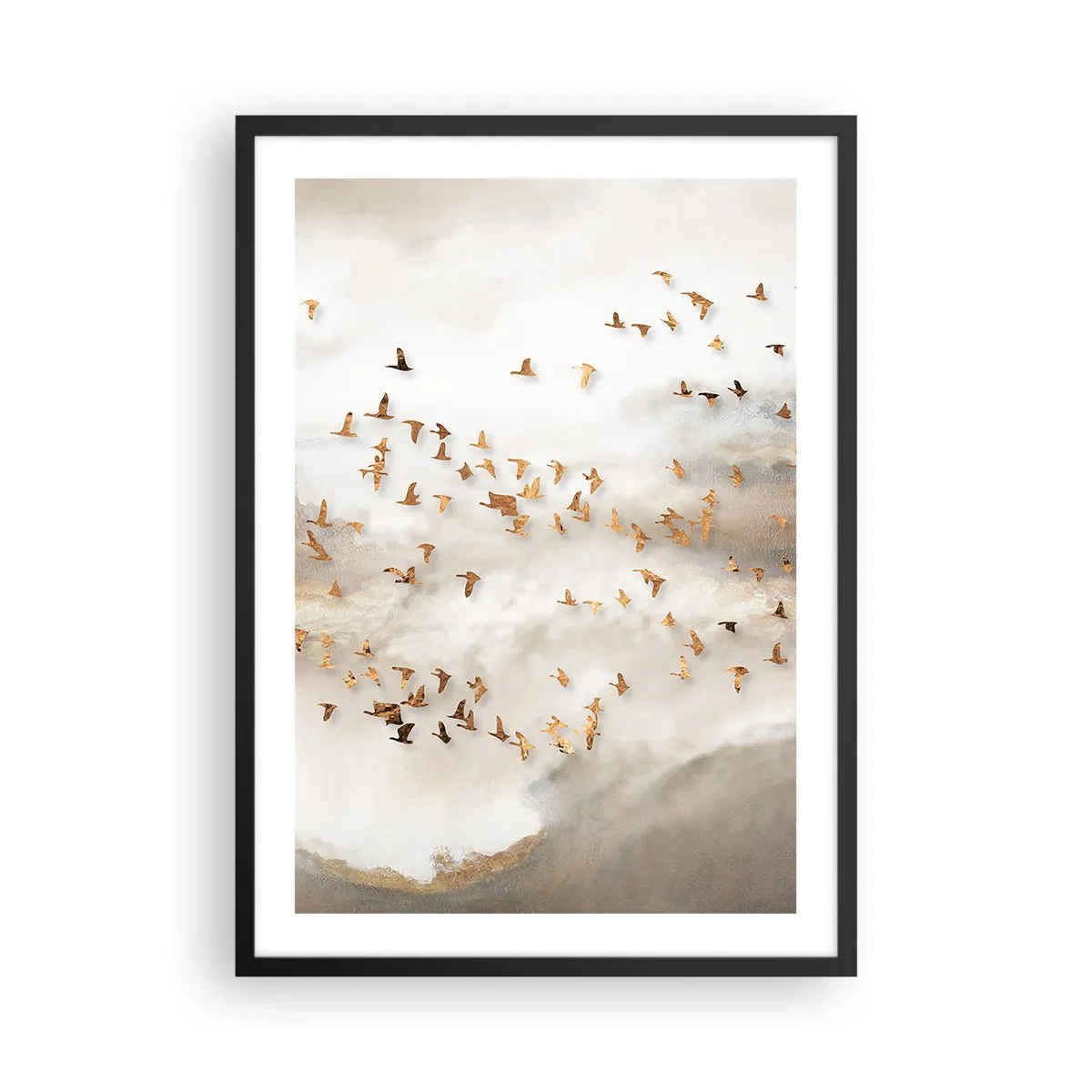 Plakát v černém rámu - Hejno ptáků plující mezi mlhavými mraky - 50x70cm - Je čas… - Moderní nástěnná dekorace do obývacího pokoje a ložnice ARTTOR