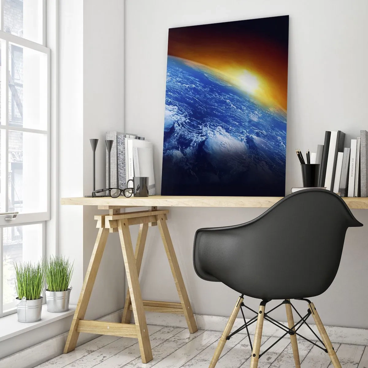 Obraz na skle - Východ slunce nad modrou planetou - 50x70 cm
