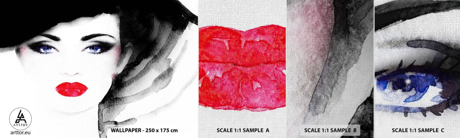 Vzor Fototapety Premium Canvas - Odhání a přivolává - ženská tvář, červené rty, Modré oči - 100x30 cm