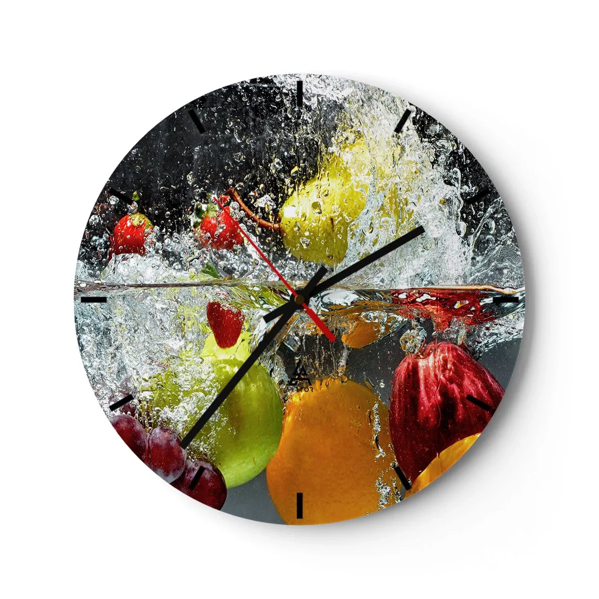 Nástěnné hodiny - Ovoce ponořené ve vodě s efektem stříkající vody - 30x30cm - Ovocné osvěžení - Moderní nástěnná dekorace do obývacího pokoje, kuchyně a ložnice ARTTOR