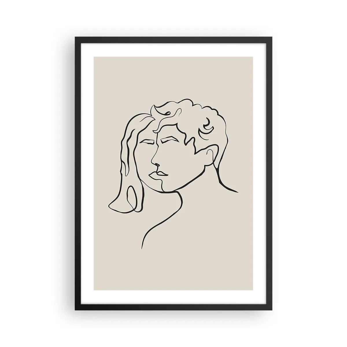 Plakát v černém rámu - Minimalistická skica tváří páru na béžovém pozadí. - 50x70cm - A byla jednota - Moderní nástěnná dekorace do obývacího pokoje a ložnice ARTTOR