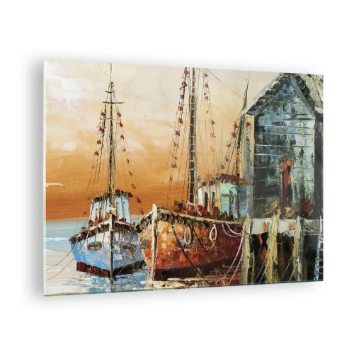 Obraz na skle - Barevné lodě v přístavu - 70x50cm - Klidný návrat - Moderní nástěnná dekorace do obývacího pokoje a ložnice ARTTOR