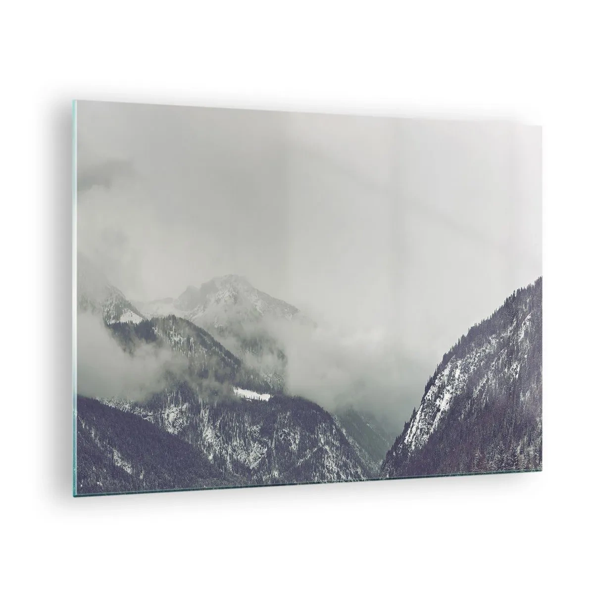 Obraz na skle - Horské údolí v mlze v odstínech šedé - 70x50cm - Mlžné údolí - Moderní nástěnná dekorace do obývacího pokoje a ložnice ARTTOR