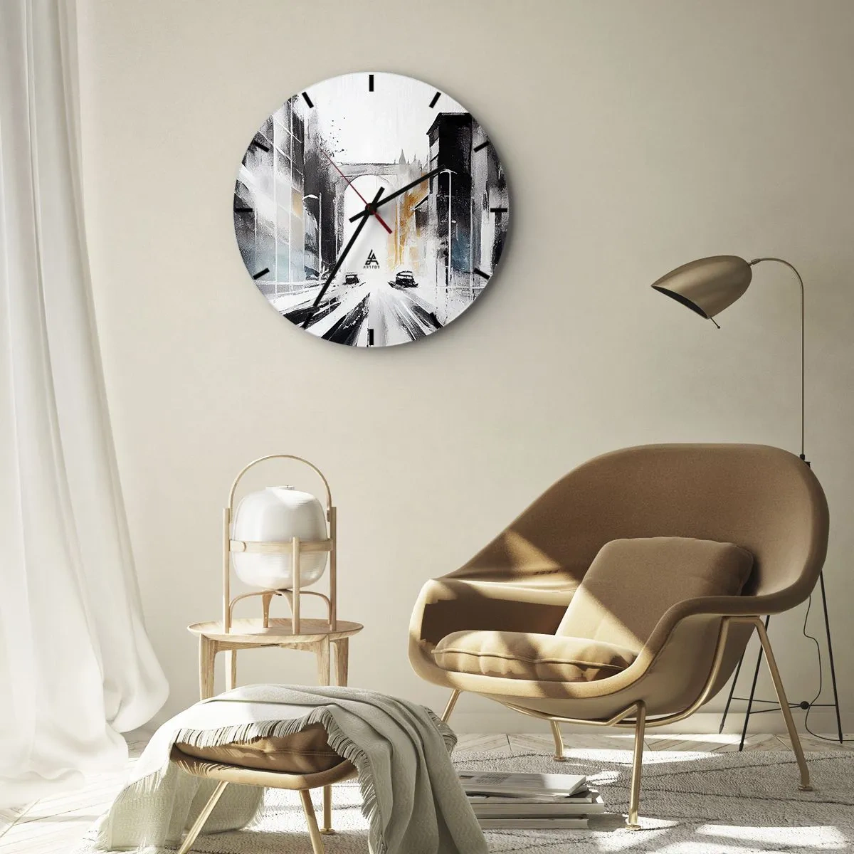 Nástěnné hodiny - Malířská vize městské ulice s auty a budovami - 30x30cm - Studie města: architektura a pohyb - Moderní nástěnná dekorace do obývacího pokoje, kuchyně a ložnice ARTTOR