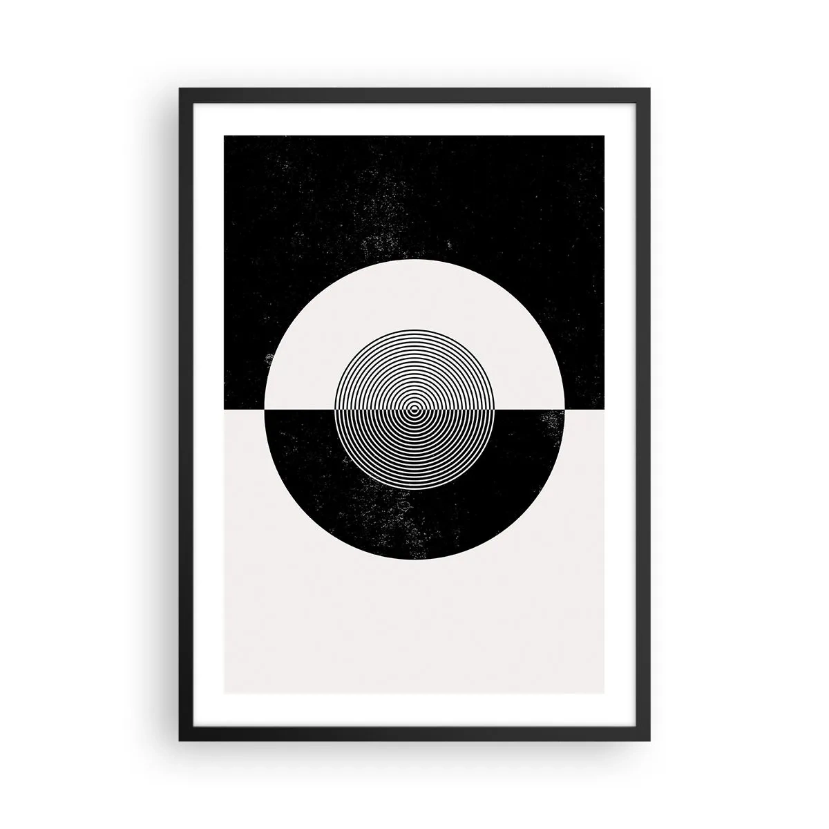 Plakát v černém rámu - Geometrický vzor v černé a bílé se soustředným kruhem - 50x70cm - Harmonie v černé a bílé - Moderní nástěnná dekorace do obývacího pokoje a ložnice ARTTOR