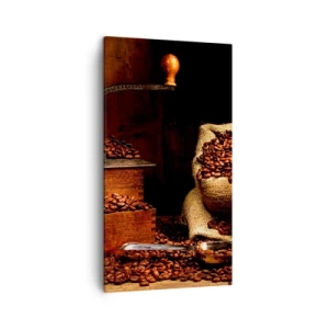 Obraz na plátně - Zátiší se zrnky kávy a mlýnkem - 45x80 cm