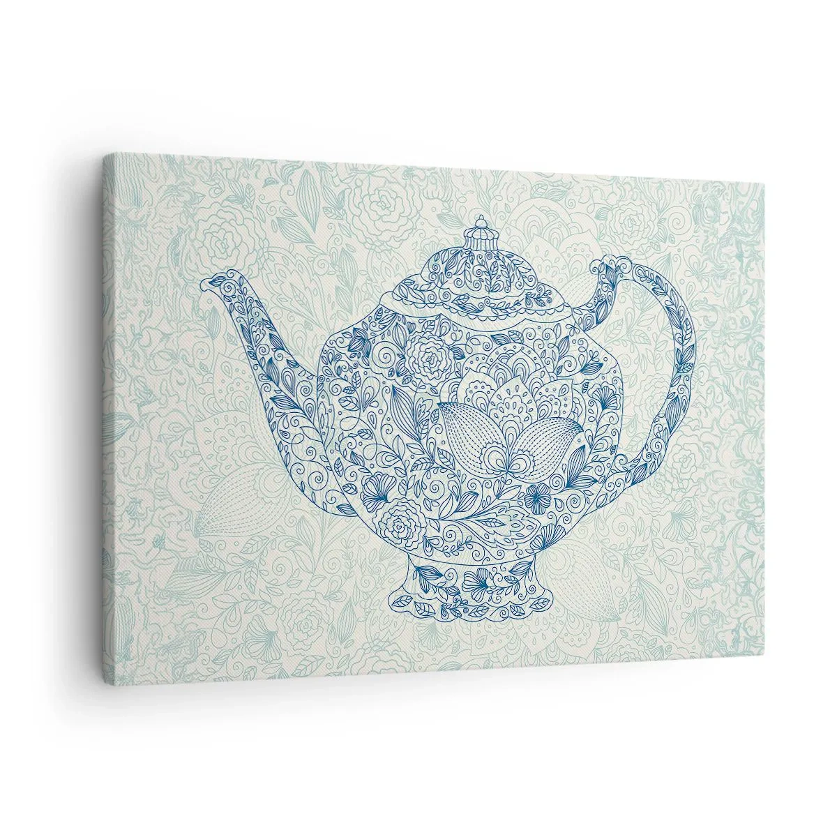 Obraz na plátně - Dekorativní kresba konvice na čaj s modrými ornamenty - 70x50cm - Čajové kouzlo - Moderní nástěnná dekorace do obývacího pokoje a ložnice ARTTOR