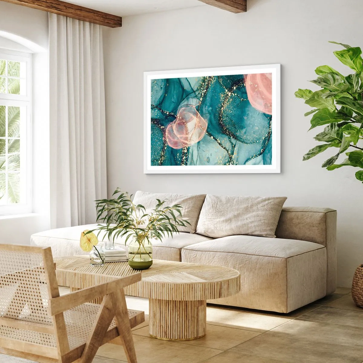 Plakát v bílém rámu - Modré hedvábí modré, růžový tyl - 91x61 cm