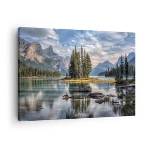 Obraz na plátně - Horská krajina s ostrovem obklopeným klidným jezerem - 70x50cm - U velké a čisté vody… - Moderní nástěnná dekorace do obývacího pokoje a ložnice ARTTOR