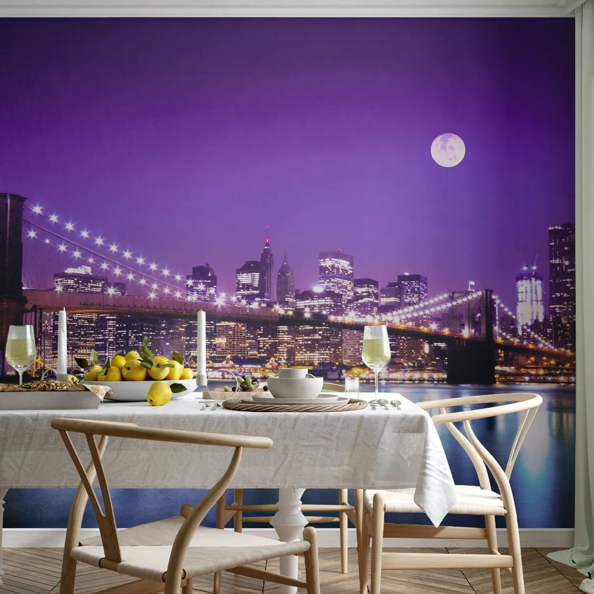 Fototapeta Samolepicí Deluxe Sticker - Světla velkoměsta ve fialové - Město, New York, Brooklynský most - 250x175 cm