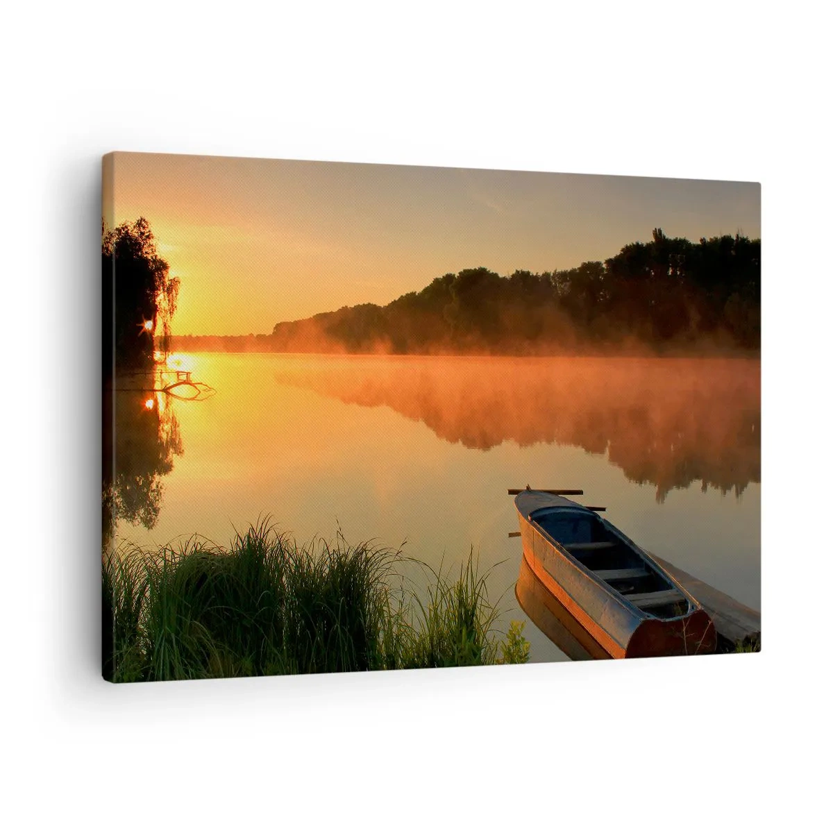 Obraz na plátně - Ranní mlha nad řekou s lodí v slunečních paprscích - 70x50cm - Východ slunce u vody jako povrch zrcadla - Moderní nástěnná dekorace do obývacího pokoje a ložnice ARTTOR