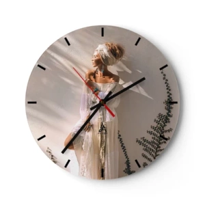 Nástěnné hodiny - Žena v boho stylu stojící na slunci - 30x30cm - Slunce a dívka - Moderní nástěnná dekorace do obývacího pokoje, kuchyně a ložnice ARTTOR