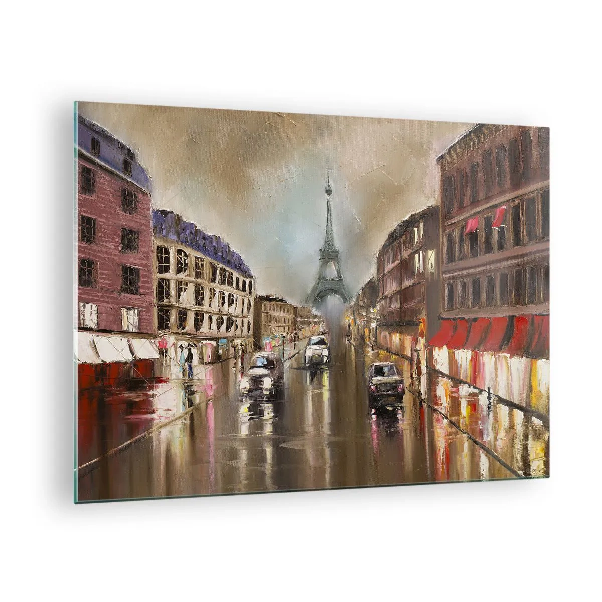 Obraz na skle - Večerní ulice Paříže s výhledem na Eiffelovu věž - 70x50cm - Počítá se pouze ona - Moderní nástěnná dekorace do obývacího pokoje a ložnice ARTTOR