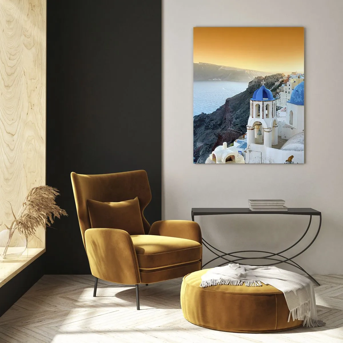 Obraz na skle - Santorini - přitulené ke skalám - 50x70 cm