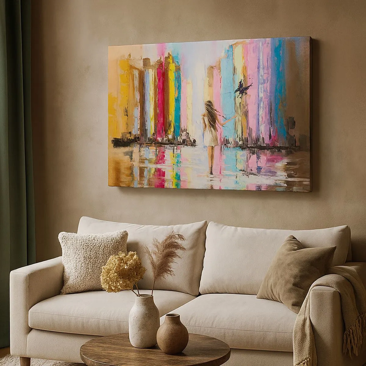 Obraz na plátně - Barevné město a žena v bílých šatech s ptákem - 70x50cm - Pojď se mnou - Moderní nástěnná dekorace do obývacího pokoje a ložnice ARTTOR