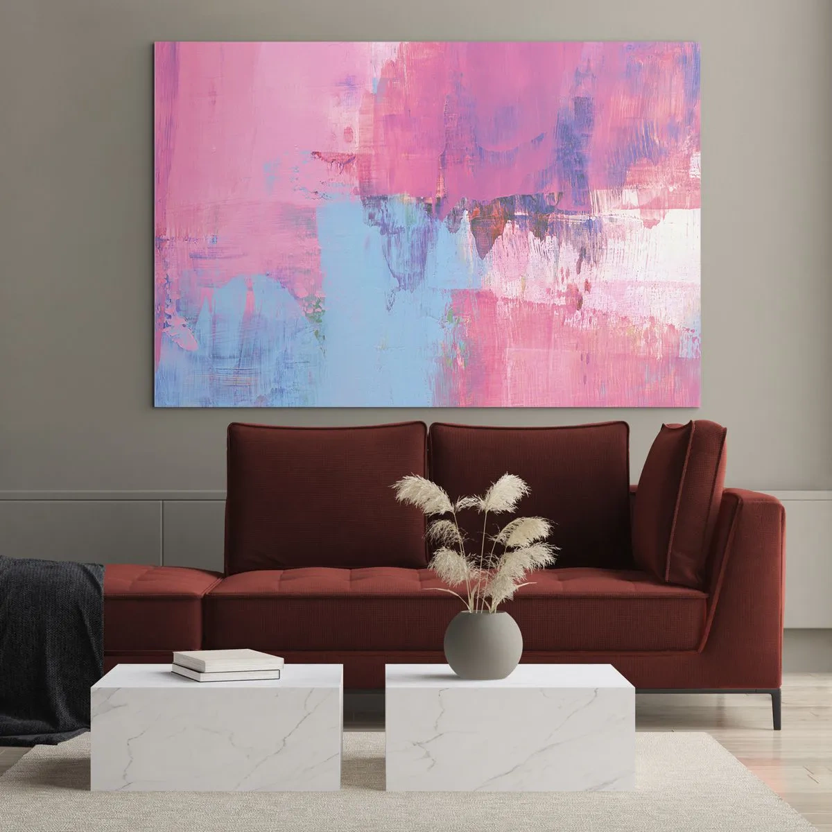 Obraz na skle - Energická abstrakce v odstínech růžové a modré - 70x50cm - Růžová, modrá a špetka světla - Moderní nástěnná dekorace do obývacího pokoje a ložnice ARTTOR