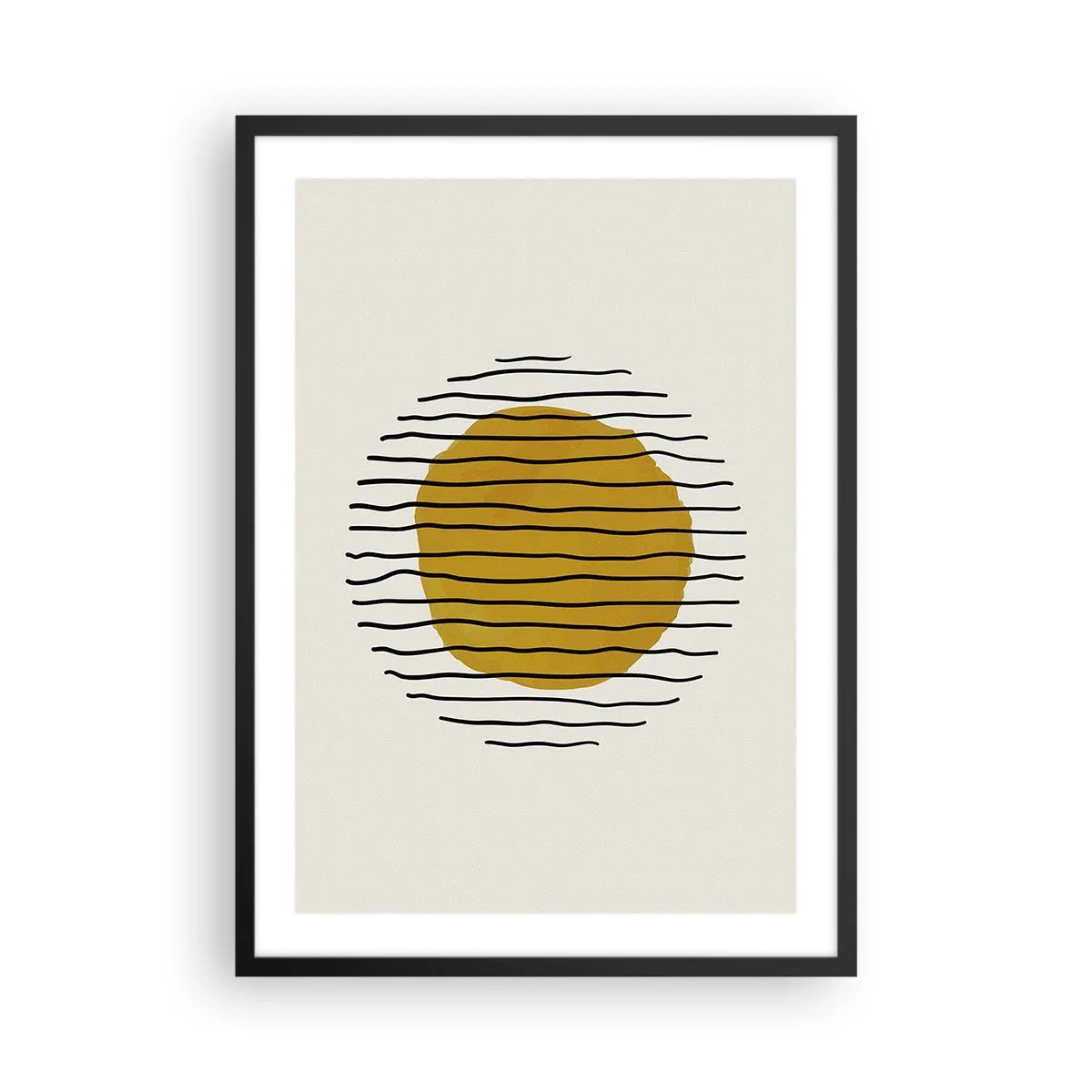 Plakát v černém rámu - Minimalistická grafika se žlutým kruhem a černými čarami - 50x70cm - Abstrakce chvějící se žárem - Moderní nástěnná dekorace do obývacího pokoje a ložnice ARTTOR