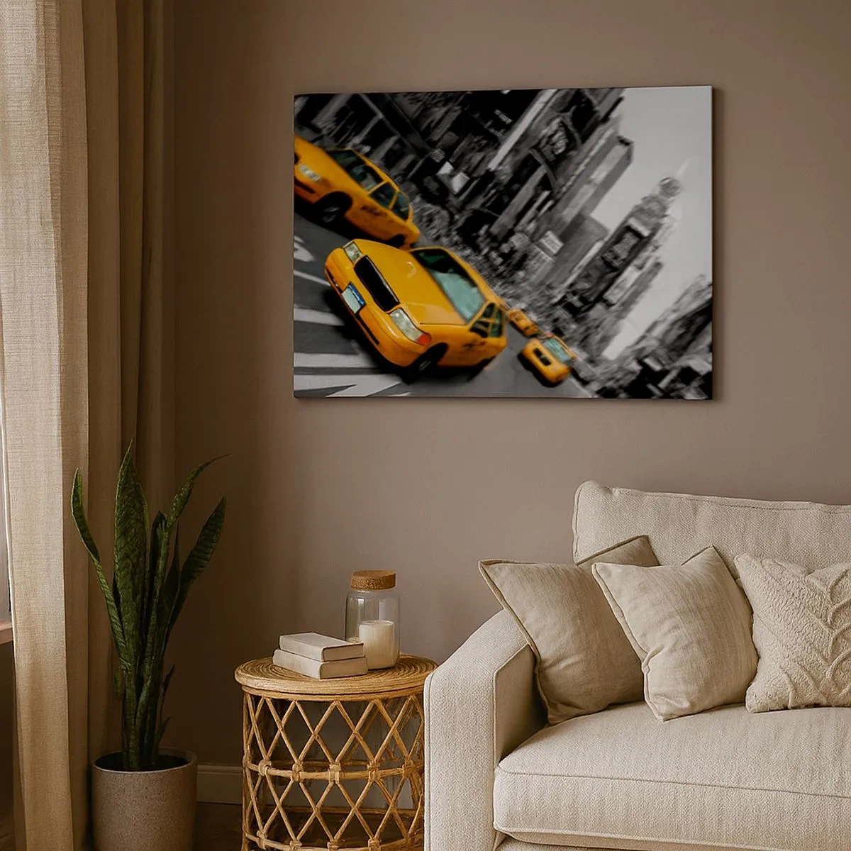 Obraz na plátně - Žluté taxíky na rušné křižovatce města - 70x50cm - Newyorské kapky slunce - Moderní nástěnná dekorace do obývacího pokoje a ložnice ARTTOR