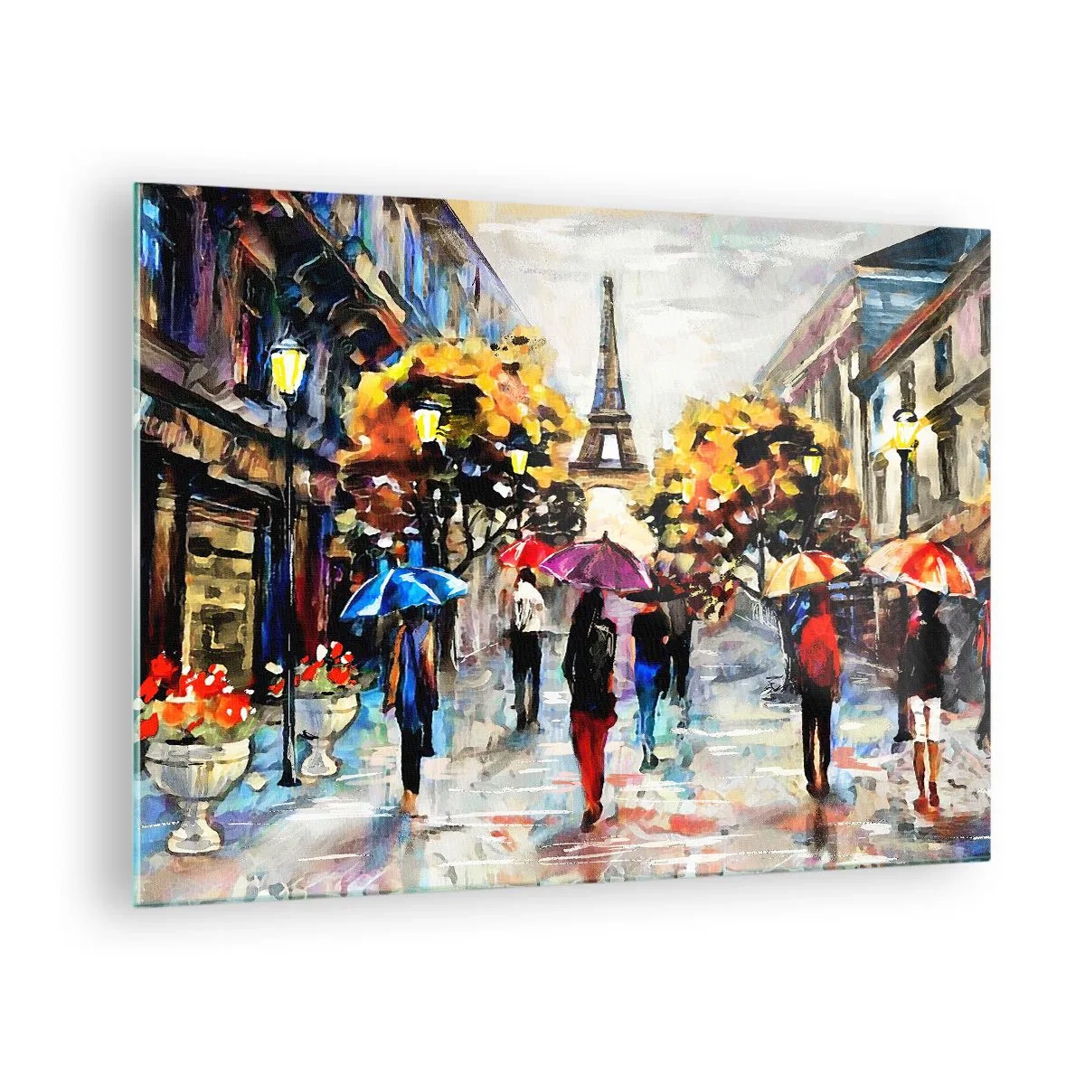 Obraz na skle - Eiffelova věž v pozadí lidí procházejících se pod barevnými slunečníky - 70x50cm - Na podzim zvlášť krásný - Moderní nástěnná dekorace do obývacího pokoje a ložnice ARTTOR