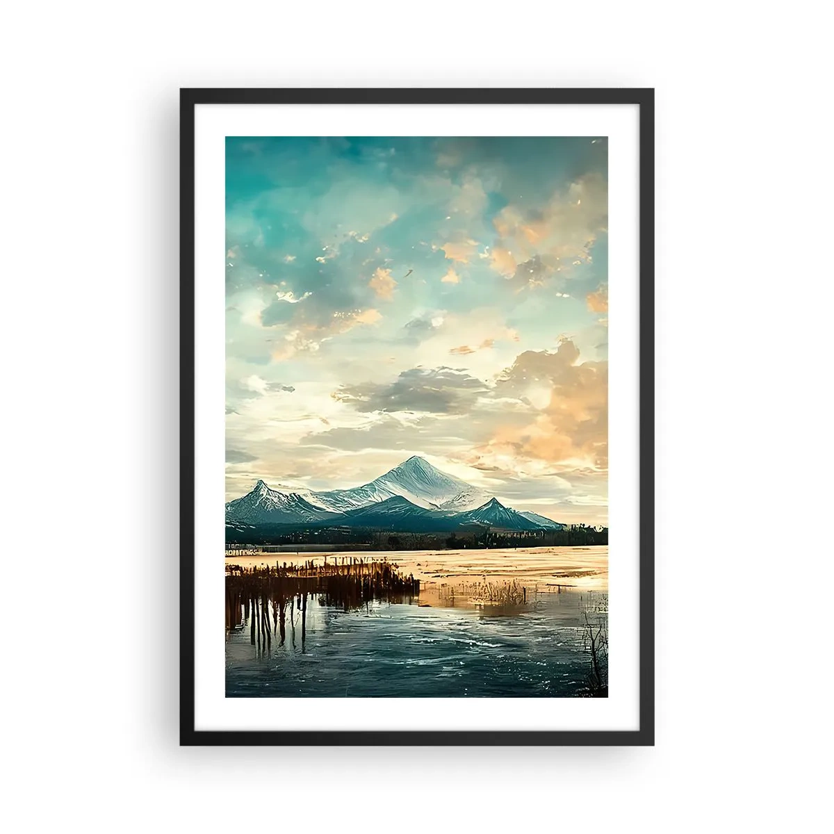 Plakát v černém rámu - Malebná horská krajina při západu slunce - 50x70cm - Pod ochranou nebe - Moderní nástěnná dekorace do obývacího pokoje a ložnice ARTTOR