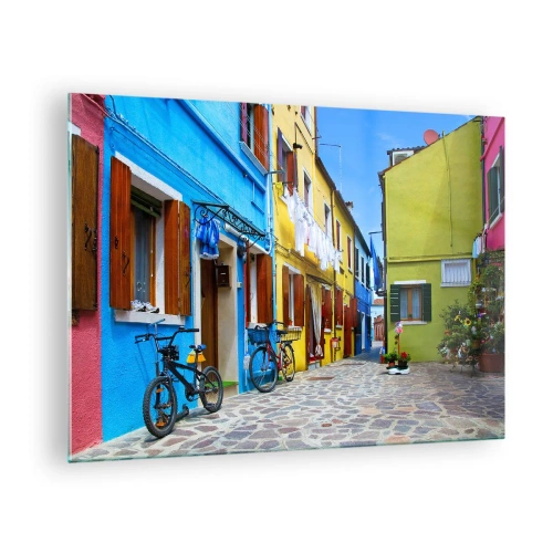 Obraz na skle - Barevná ulice s koly a zdobenými domy - 70x50cm - Pastelové, sladké zákoutí - Moderní nástěnná dekorace do obývacího pokoje a ložnice ARTTOR