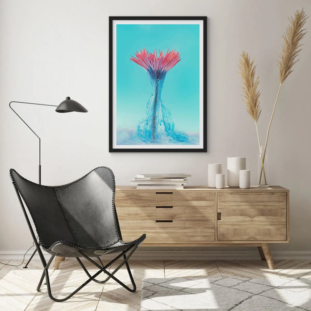 Plakát v černém rámu - Květina obklopená barevnými potůčky na pastelovém pozadí - 50x70cm - V osvěžujícím objetí - Moderní nástěnná dekorace do obývacího pokoje a ložnice ARTTOR