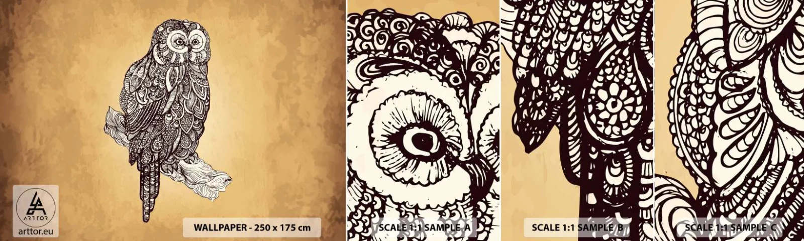Fototapeta Vzorek Standard Eco - Mistrovské ornamenty moudrosti - Sova, Pták, Zvíře - 100x30 cm