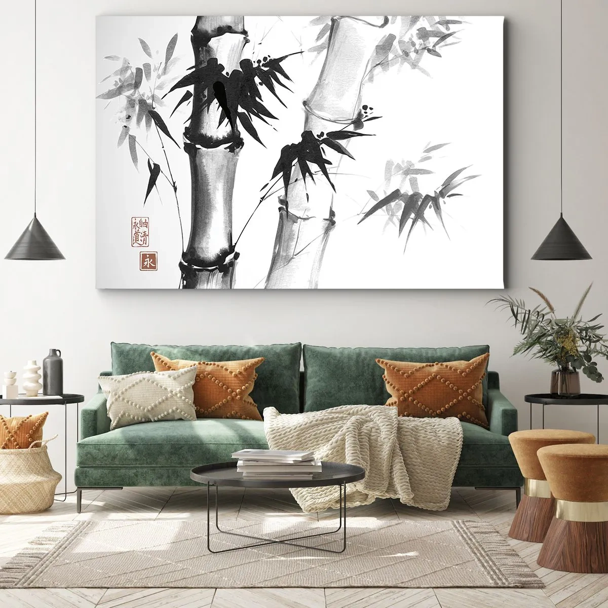 Obraz na plátně - Akvarelový bambus v japonském stylu na bílém pozadí - 70x50cm - Blízký záběr na orient - Moderní nástěnná dekorace do obývacího pokoje a ložnice ARTTOR