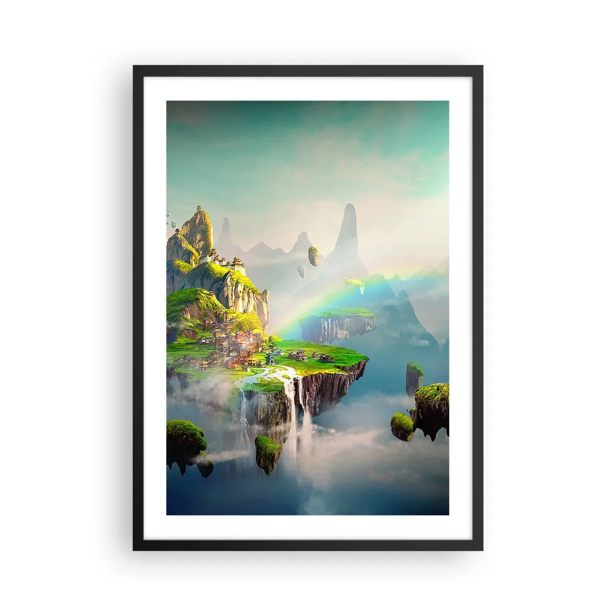 Plakát v černém rámu - Kouzelná krajina s horami, duhou a vodopádem - 50x70cm - Uprostřed nebe - šťastné ostrovy - Moderní nástěnná dekorace do obývacího pokoje a ložnice ARTTOR