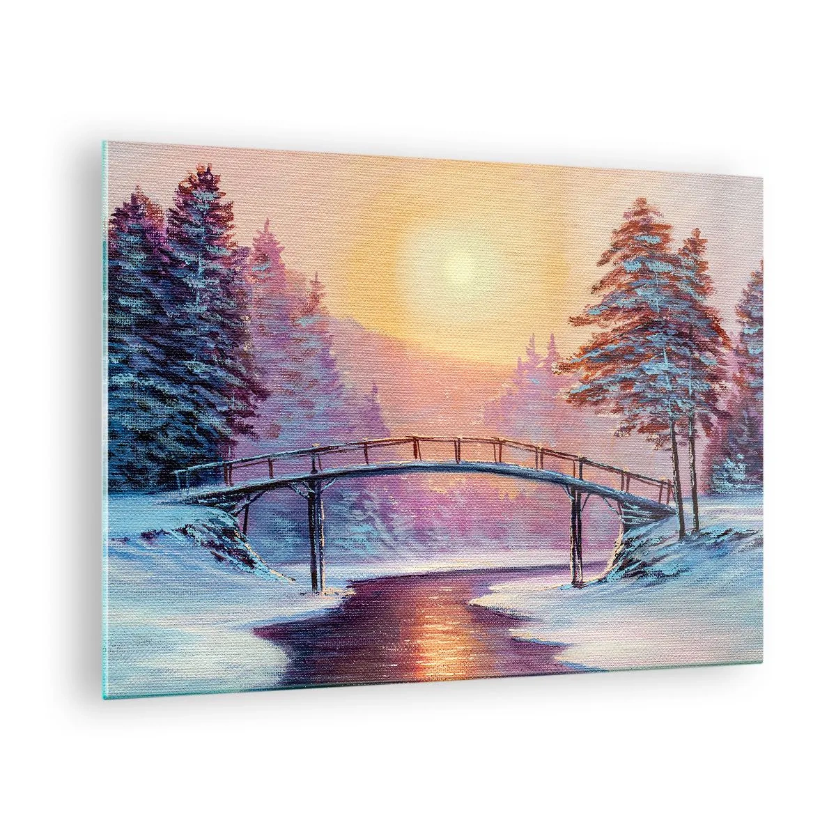 Obraz na skle - Zimní krajina s mostem přes řeku při západu slunce - 70x50cm - Čtyři roční období - zima - Moderní nástěnná dekorace do obývacího pokoje a ložnice ARTTOR