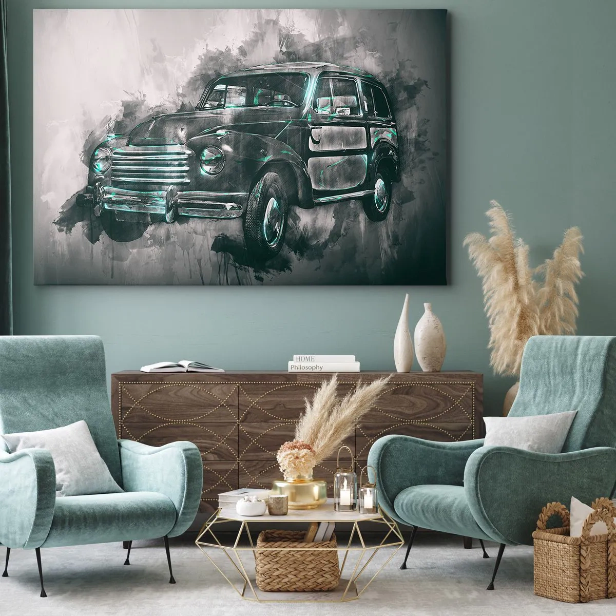 Obraz na plátně - Klasické retro auto s uměleckým pozadím - 70x50cm - Ctěný předek - Moderní nástěnná dekorace do obývacího pokoje a ložnice ARTTOR