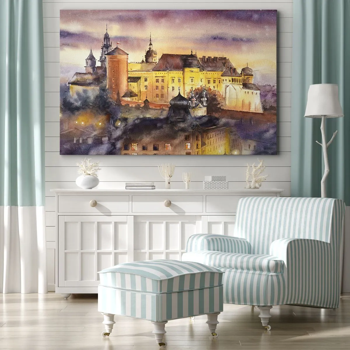 Obraz na plátně - Malebný akvarel hradu při západu slunce - 70x50cm - Historie a pohádka - Moderní nástěnná dekorace do obývacího pokoje a ložnice ARTTOR