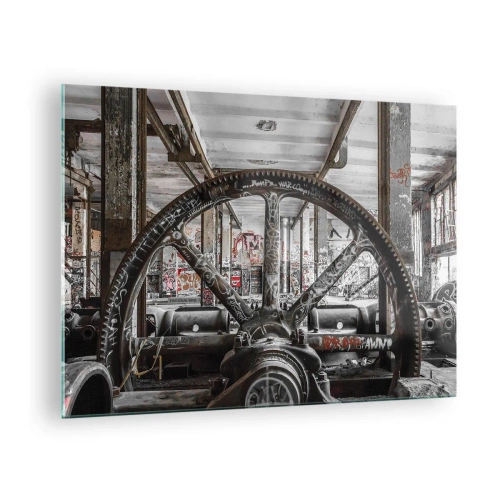 Obraz na skle - Historický industriální interiér s ozubeným kolem - 70x50cm - Tajný život továrny - Moderní nástěnná dekorace do obývacího pokoje a ložnice ARTTOR