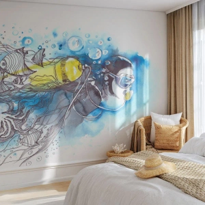 Fototapeta Standard Eco - Potápěč prozkoumává podvodní svět ve stylu akvarelu. - 100x70cm - Velká modř - Moderní nástěnná dekorace do obývacího pokoje a ložnice ARTTOR