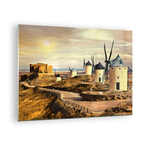 Obraz na skle - Větrné mlýny a hrad v krajině při západu slunce - 70x50cm - Brzy se objeví Don Quijote - Moderní nástěnná dekorace do obývacího pokoje a ložnice ARTTOR