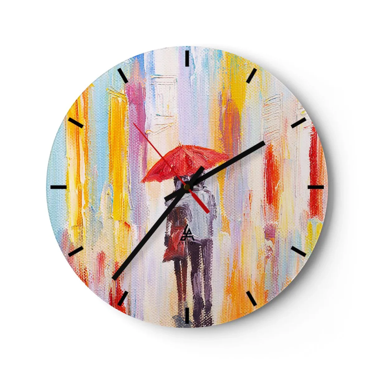 Nástěnné hodiny - Postava s červeným deštníkem na pozadí barevného města - 30x30cm - Ať prší dál - Moderní nástěnná dekorace do obývacího pokoje, kuchyně a ložnice ARTTOR