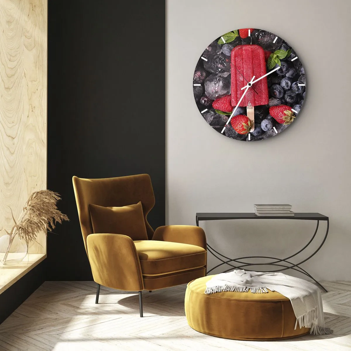 Nástěnné hodiny - Ovocný nanuk s mraženými borůvkami a jahodami - 30x30cm - Chuť horkého léta - Moderní nástěnná dekorace do obývacího pokoje, kuchyně a ložnice ARTTOR