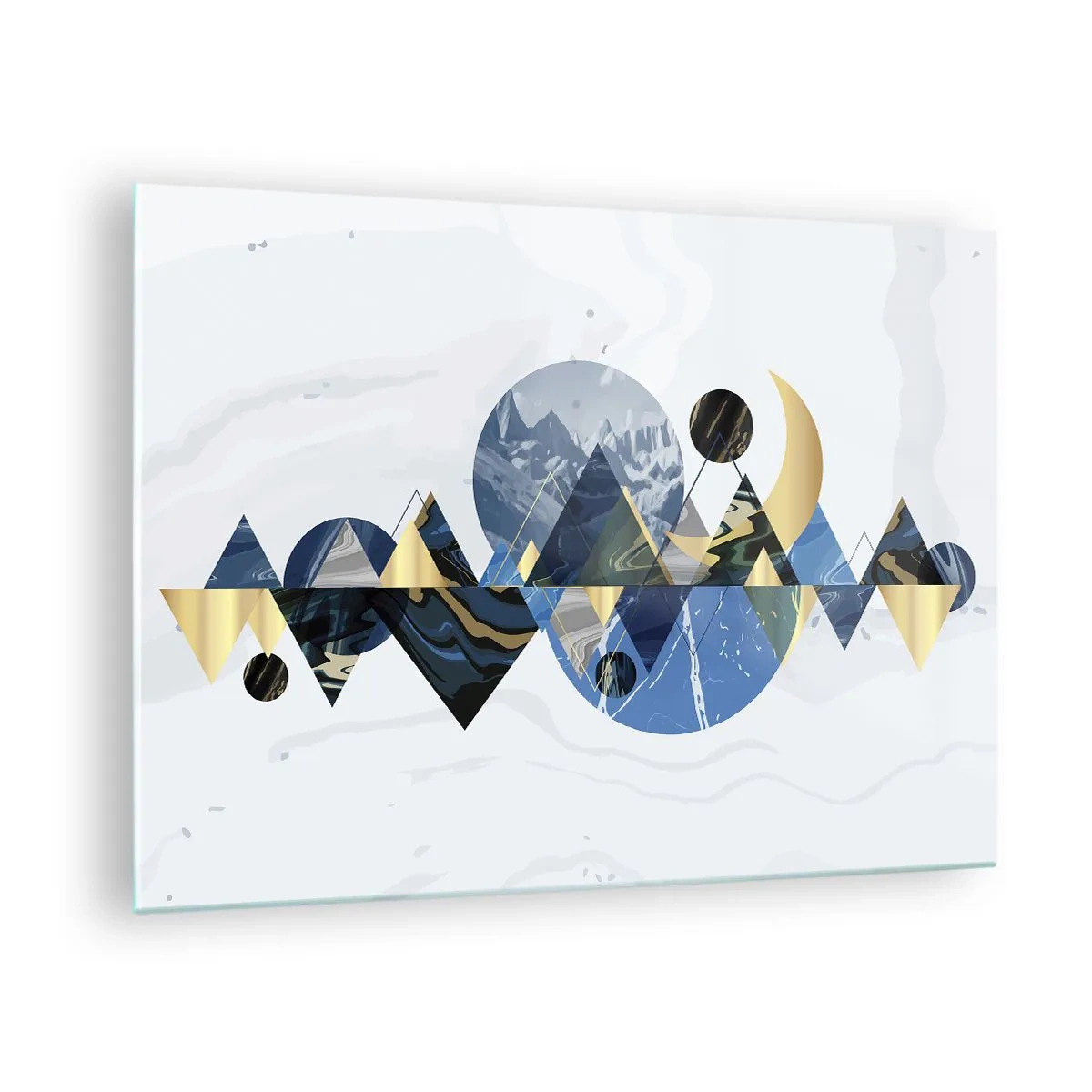 Obraz na skle - Abstraktní geometrické obrazce v odstínech tmavě modré a zlaté - 70x50cm - Geometrická krajina - Moderní nástěnná dekorace do obývacího pokoje a ložnice ARTTOR