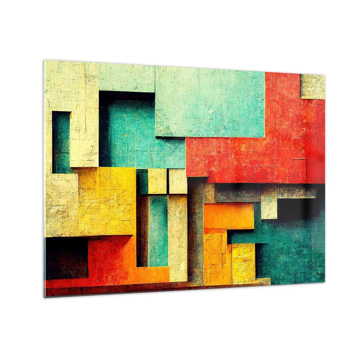 Obraz na skle - Barevná geometrická abstrakce z obdélníků - 70x50cm - Festival pravých úhlů - Moderní nástěnná dekorace do obývacího pokoje a ložnice ARTTOR