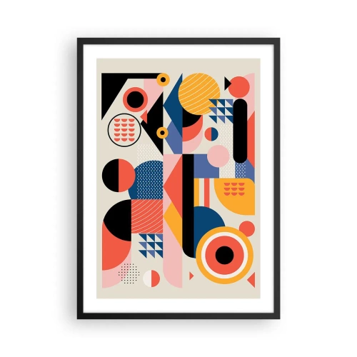 Plakát v černém rámu - Barevná geometrická abstrakce s dynamickými tvary - 50x70cm - Kompozice: pojďme si hrát - Moderní nástěnná dekorace do obývacího pokoje a ložnice ARTTOR