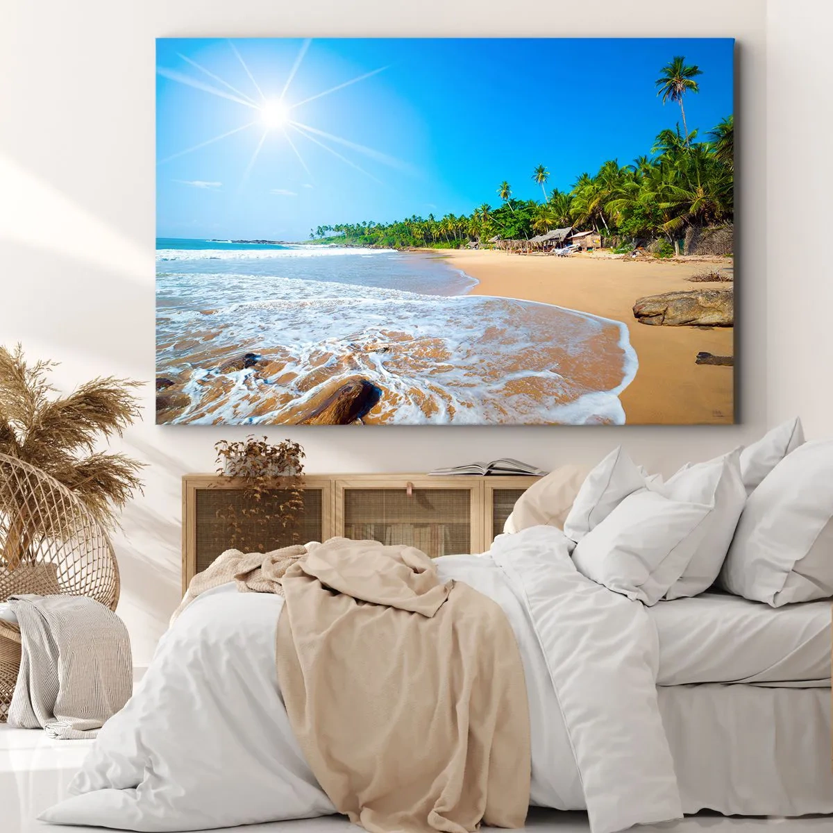 Obraz na plátně - Tropická pláž s palmami a modrou oblohou - 70x50cm - Exotické místo pro tebe - Moderní nástěnná dekorace do obývacího pokoje a ložnice ARTTOR