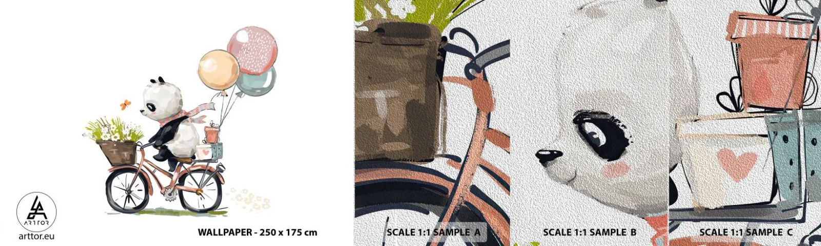 Vzor Fototapety Premium Sand - Šťastný den - Pro děti, Panda Na Kole, Abstrakce - 100x30 cm