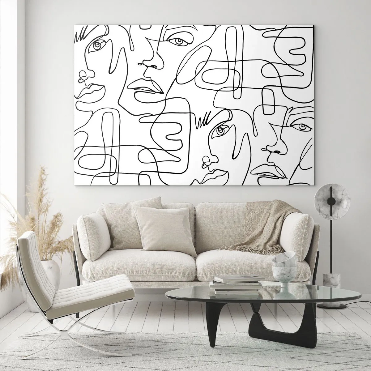 Obraz na skle - Černobílá čárová grafika obličeje - 70x50cm - Ve spletených emocích - Moderní nástěnná dekorace do obývacího pokoje a ložnice ARTTOR