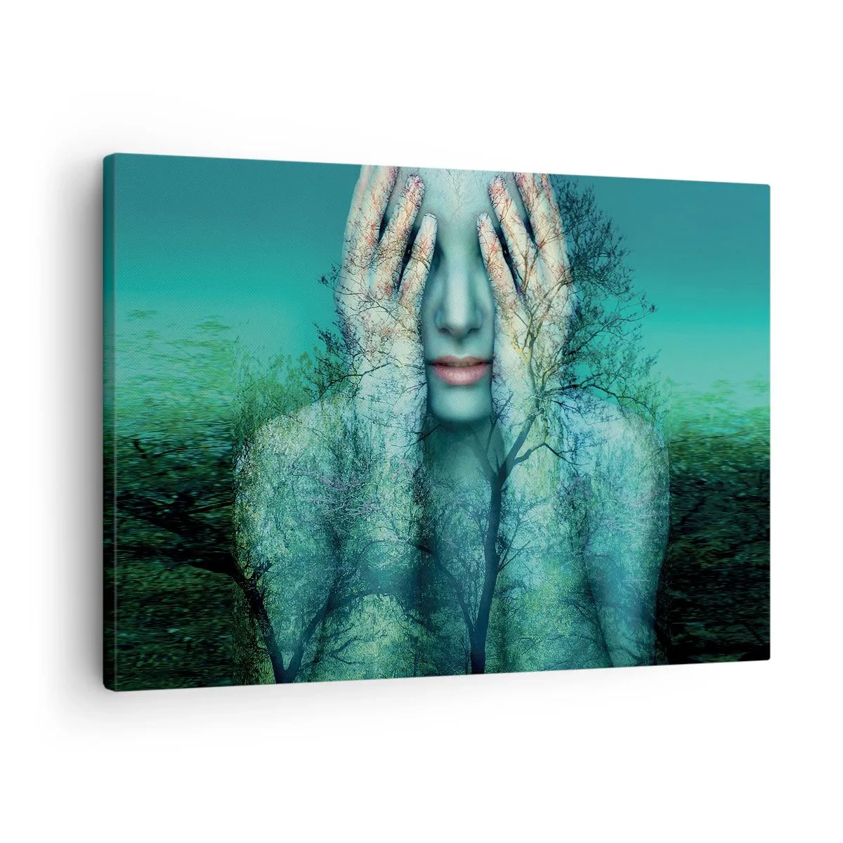 Obraz na plátně - Ženská postava s motivem stromu na tyrkysovém pozadí krajiny - 70x50cm - Ponořená do modré - Moderní nástěnná dekorace do obývacího pokoje a ložnice ARTTOR