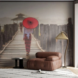 Fototapeta Standard Eco - Na starém mostě - Deštník, Barma, Dřevěný most - 350x256 cm