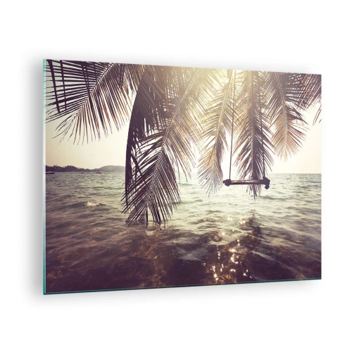 Obraz na skle - Pláž s palmami a houpačkou nad klidným mořem - 70x50cm - Houpat se libovolně v oblacích - Moderní nástěnná dekorace do obývacího pokoje a ložnice ARTTOR