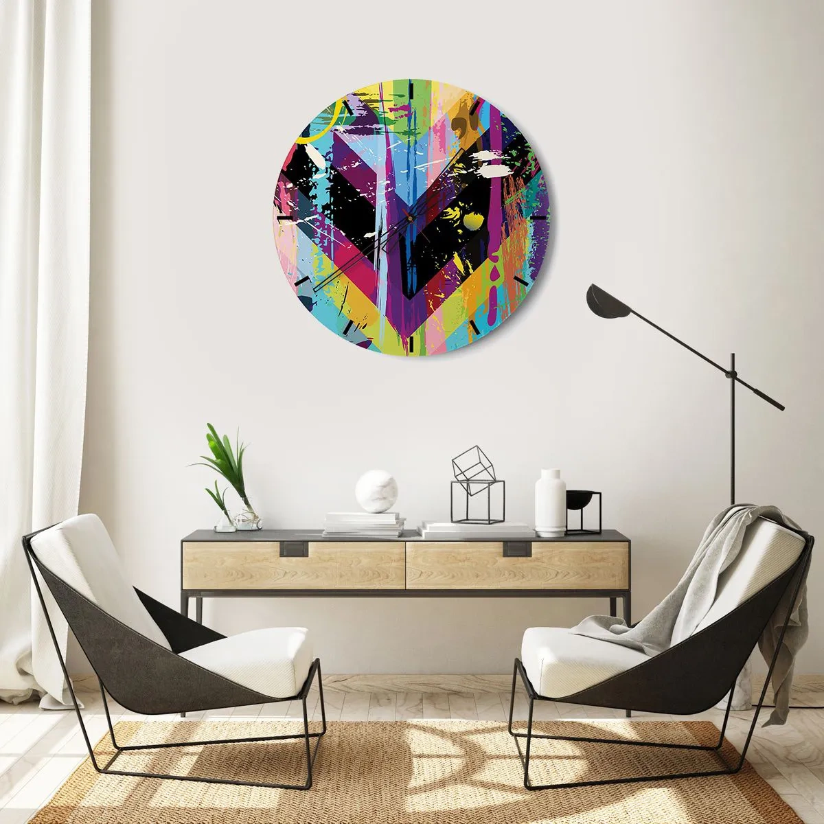 Nástěnné hodiny - Ciferník s geometrickým motivem srdce v vícebarevném stylu - 30x30cm - Shora dolů - Moderní nástěnná dekorace do obývacího pokoje, kuchyně a ložnice ARTTOR