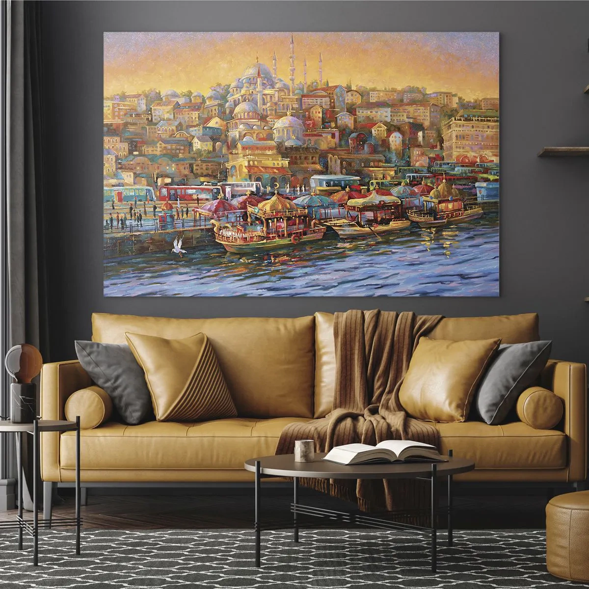 Obraz na skle - Barevný přístav s loděmi a panoramatem města při západu slunce - 70x50cm - Istanbulský příběh - Moderní nástěnná dekorace do obývacího pokoje a ložnice ARTTOR